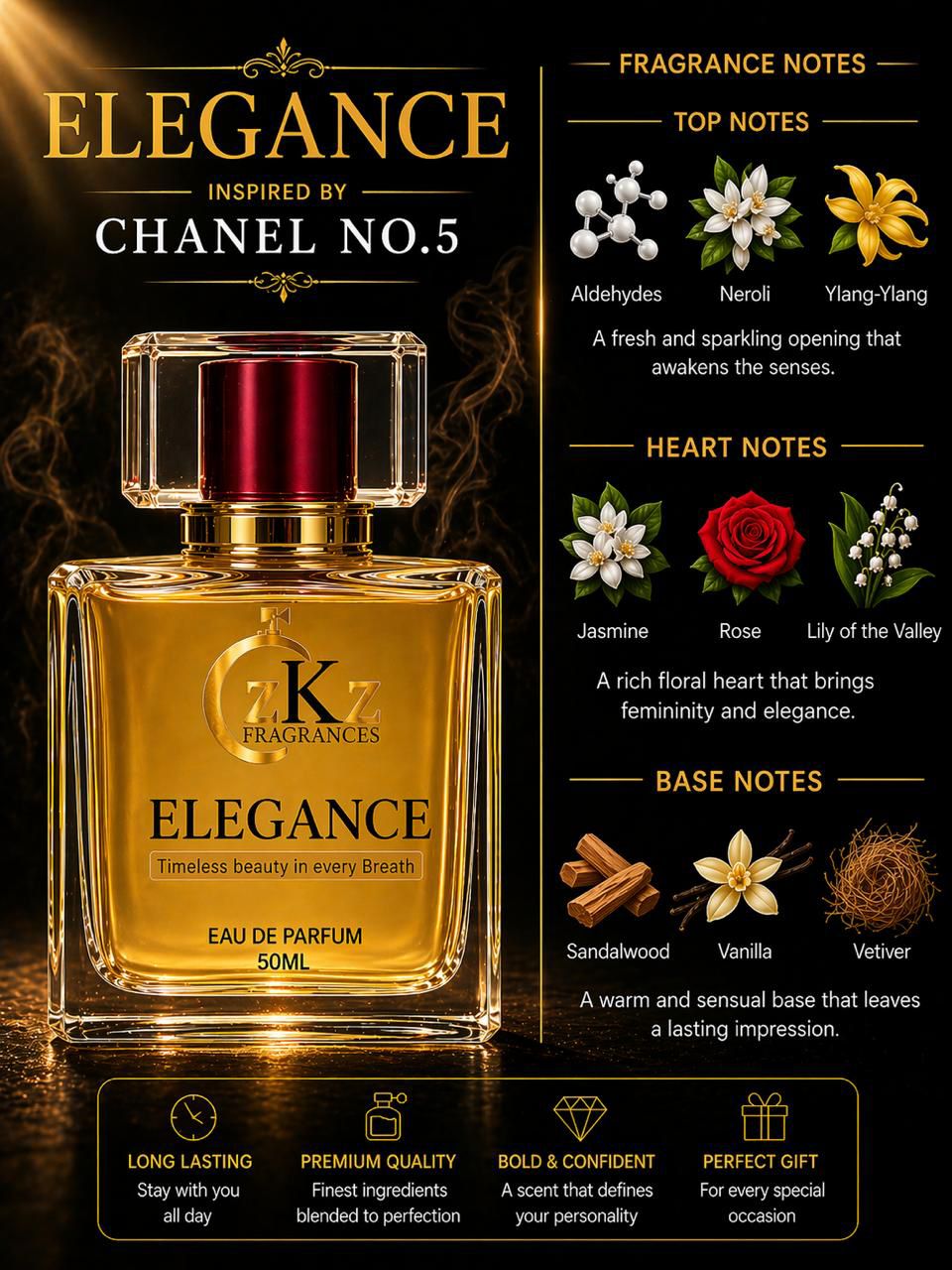 Elegance by ZKZ Fragrances – A Timeless Beauty in Every Breath | Floral Perfume for Women (50ml)